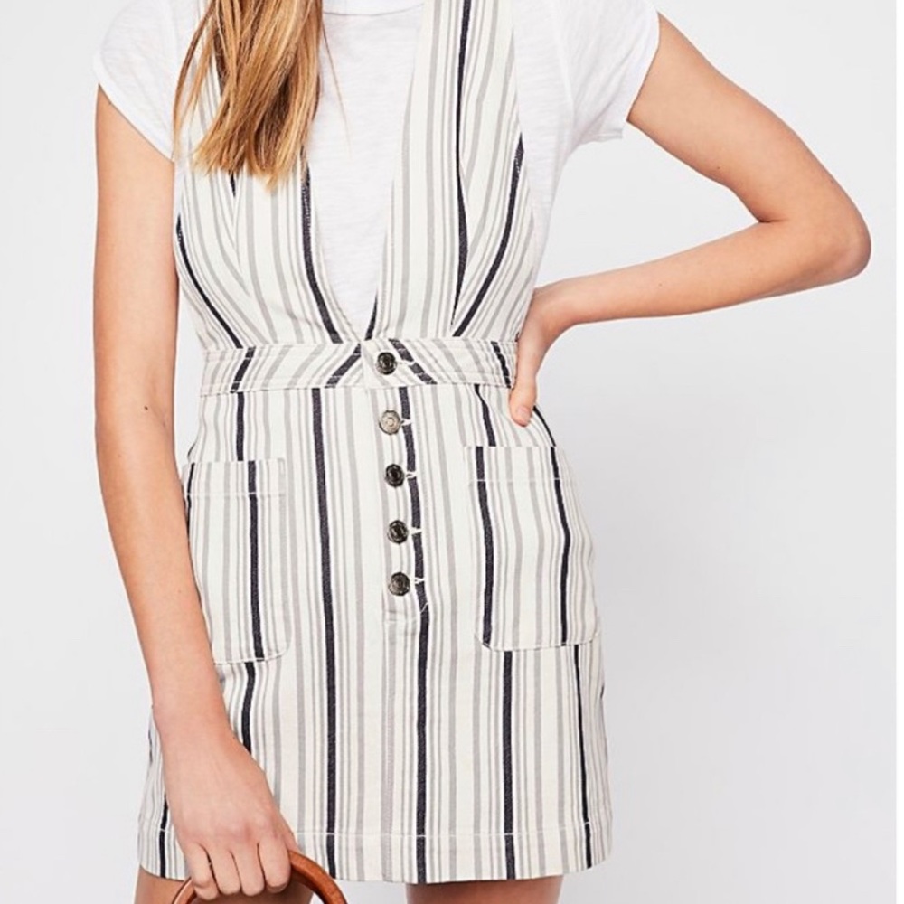 Free People striped cream, dark blue, and gray mini overall skirt.  Size 4